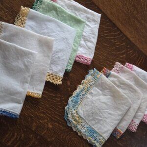 Vintage Handkerchief Bundle (9) with Colorful Crocheted Lace Trim